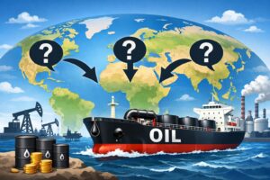 世界地図を背景に、輸入元が特定されていない原油の流れを「？」マークと矢印で表現し、タンカーや油田設備が描かれたイメージイラスト