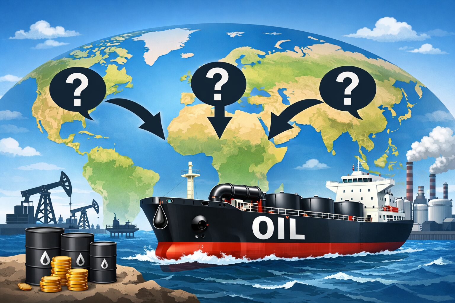 世界地図を背景に、輸入元が特定されていない原油の流れを「?」マークと矢印で表現し、タンカーや油田設備が描かれたイメージイラスト