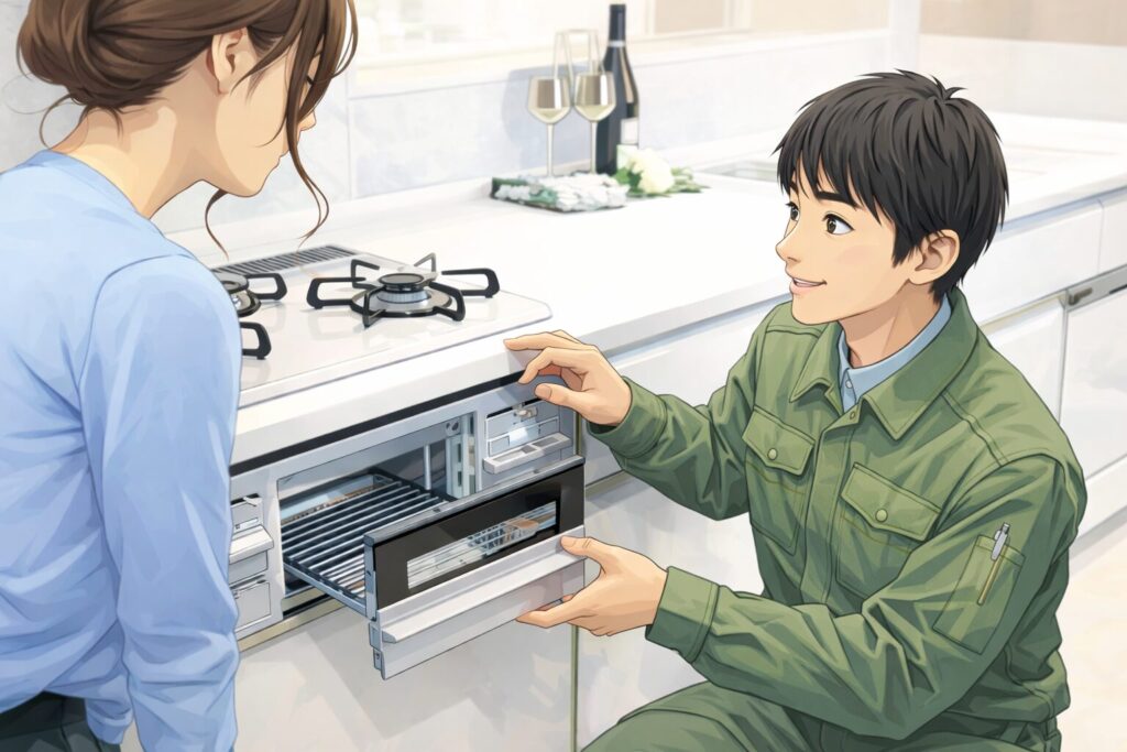 作業着姿の作業員がビルトインコンロのグリルを開けて説明し、キッチンで女性が話を聞いている様子のイラスト