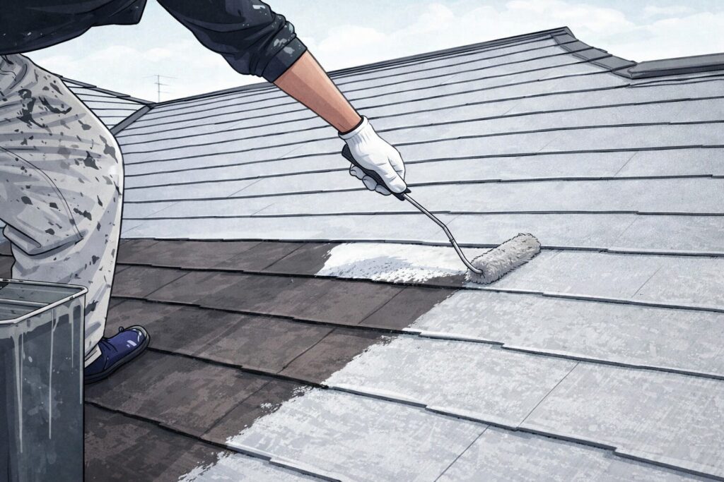 屋根の上でローラーを使い、暗い屋根材を明るいグレーに塗り替えている作業風景のイラスト