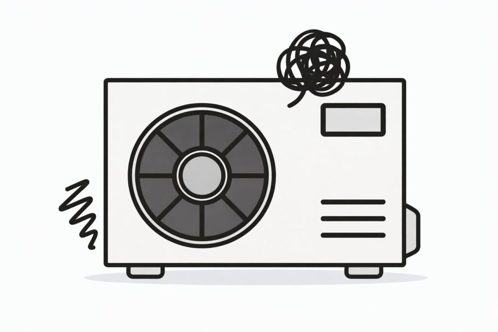 故障して振動し異音が出ているエアコン室外機のイラスト