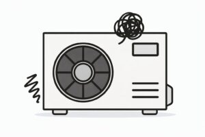 故障して振動し異音が出ているエアコン室外機のイラスト