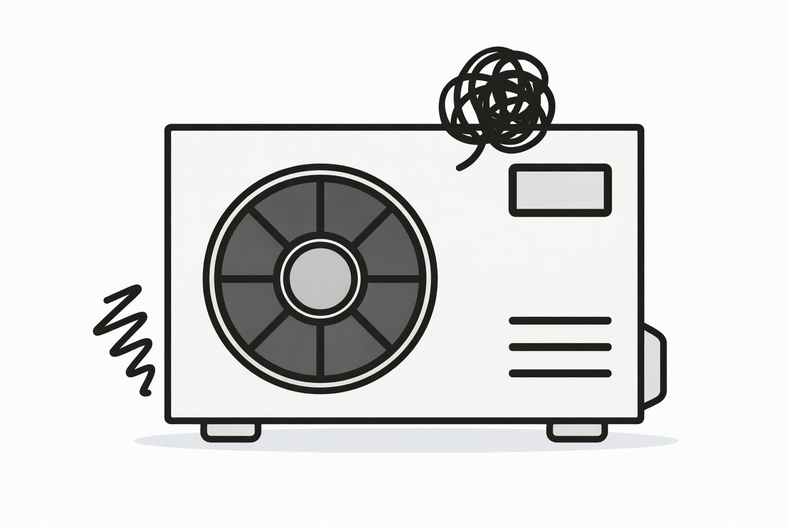 故障して振動し異音が出ているエアコン室外機のイラスト