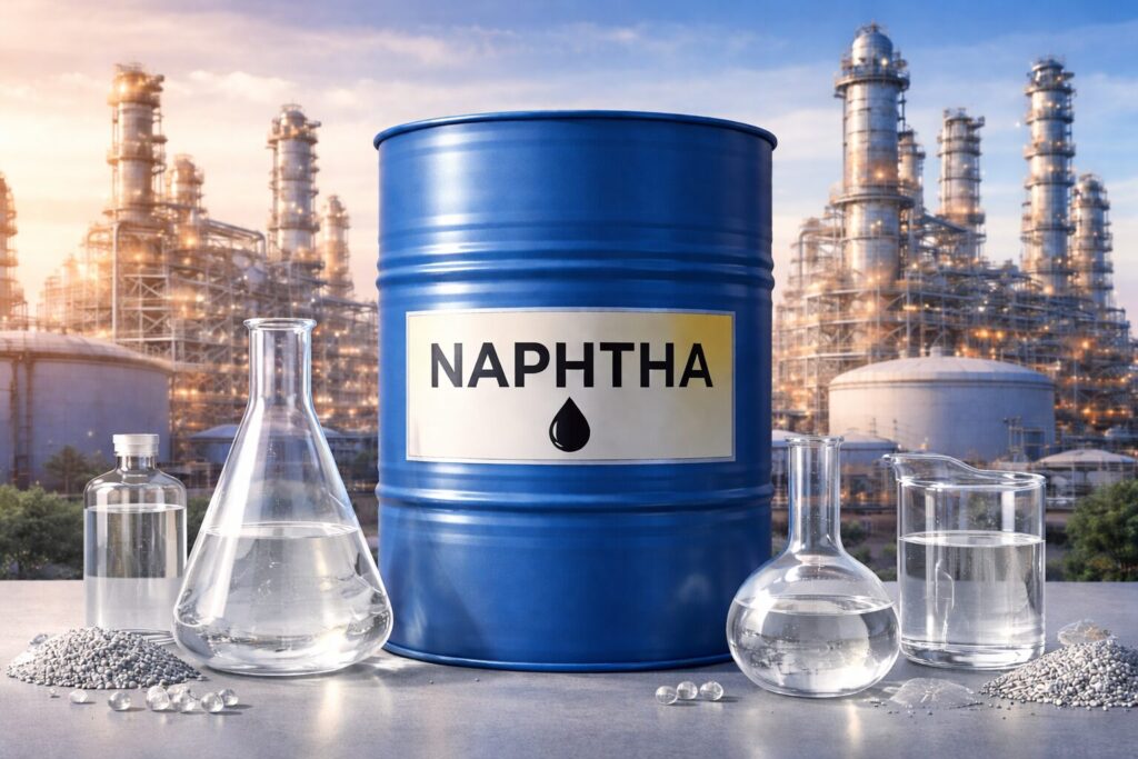 石油精製プラントを背景に、青いドラム缶と透明な液体が入ったフラスコでナフサの無色性を表現したイメージイラスト