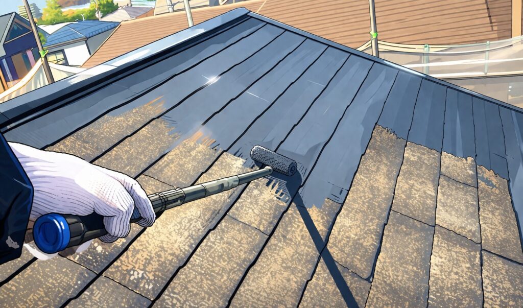 屋根の上で手袋をした作業者がローラーを使い、劣化したスレート屋根に塗装を施している様子をイラスト風で表現した画像