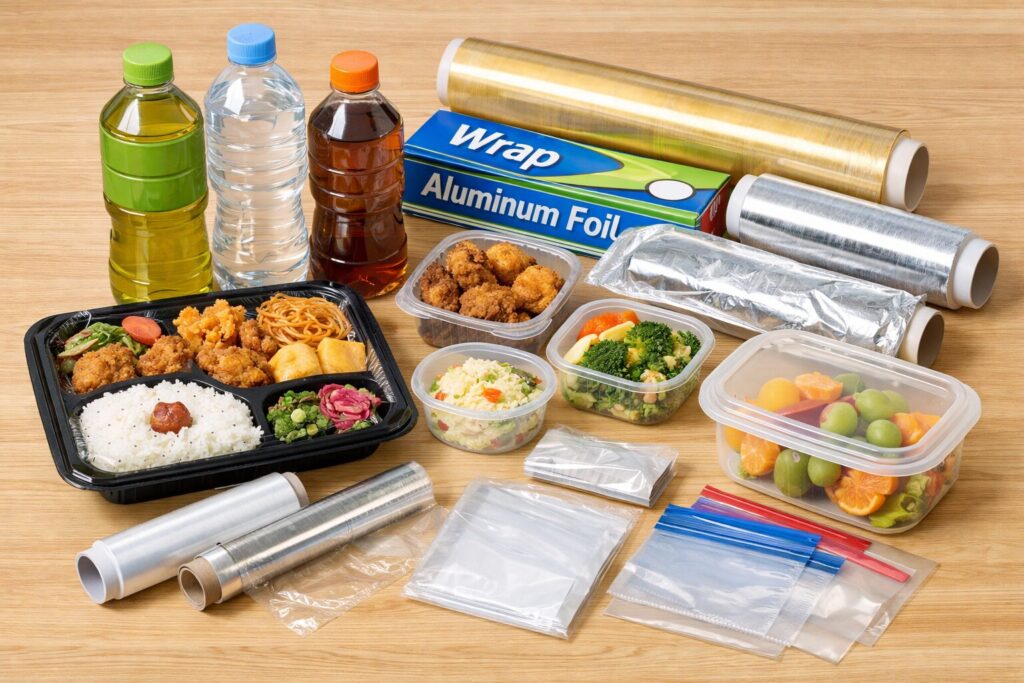 ペットボトル飲料やスーパーのお弁当・惣菜、食品用ラップやアルミホイル、保存容器や食品包装フィルムが並んだ、食品と包装資材のイメージ写真