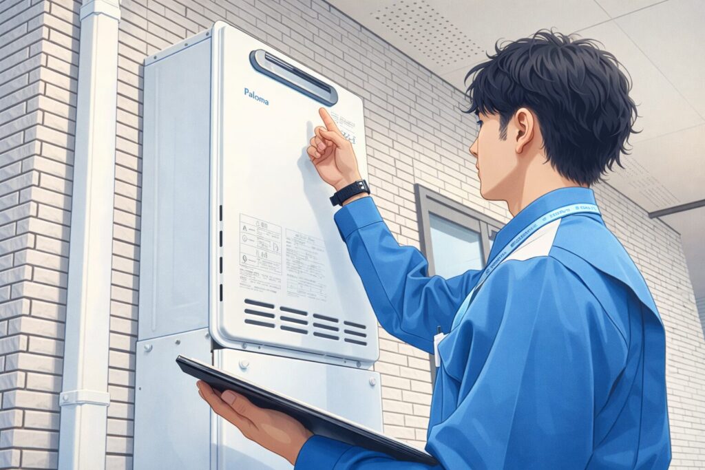 屋外に設置された給湯器を点検する作業員が、タブレットを持ちながら機器を確認しているイラスト