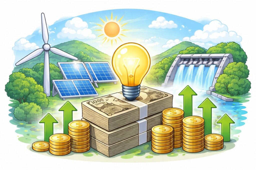 再生可能エネルギー設備（風力・太陽光・水力）と電気料金の関係を、現金やコイン、電球で象徴的に表現したイラスト