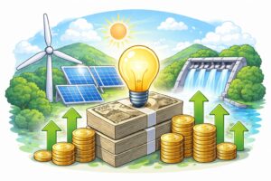 再生可能エネルギー設備（風力・太陽光・水力）と電気料金の関係を、現金やコイン、電球で象徴的に表現したイラスト