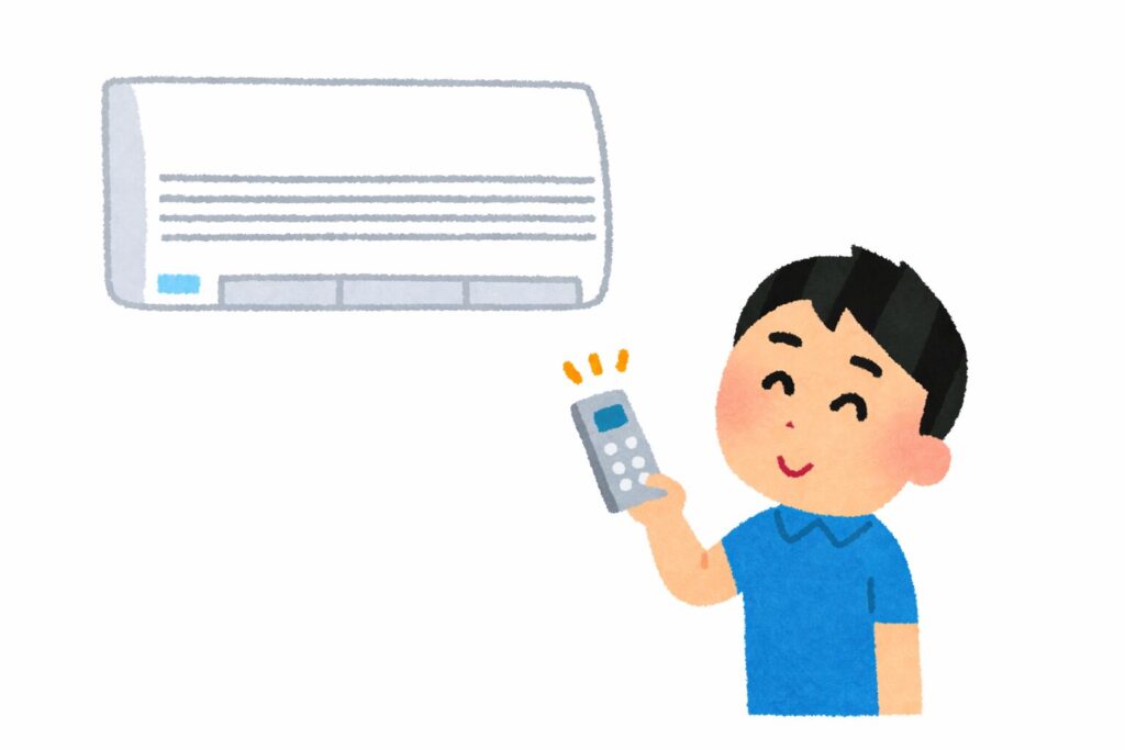 エアコンをリモコンで操作している男性と壁掛けエアコンのイラスト