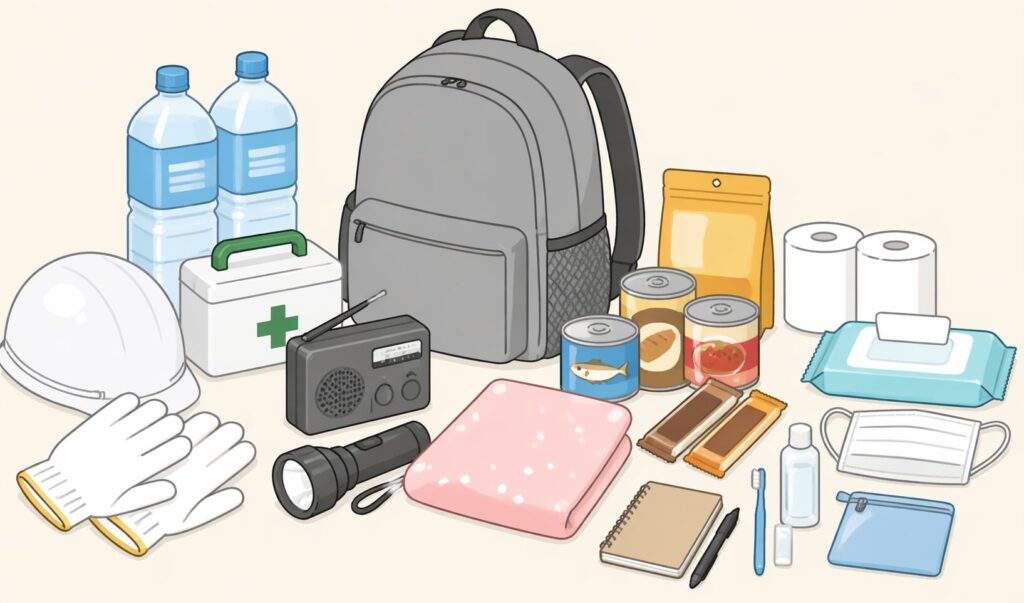 防災リュックを中心に、水、非常食、懐中電灯、ラジオ、救急セット、衛生用品など災害時の持ち出し用品が並べられたイラスト