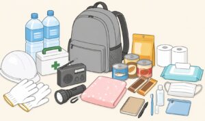 防災リュックを中心に、水、非常食、懐中電灯、ラジオ、救急セット、衛生用品など災害時の持ち出し用品が並べられたイラスト