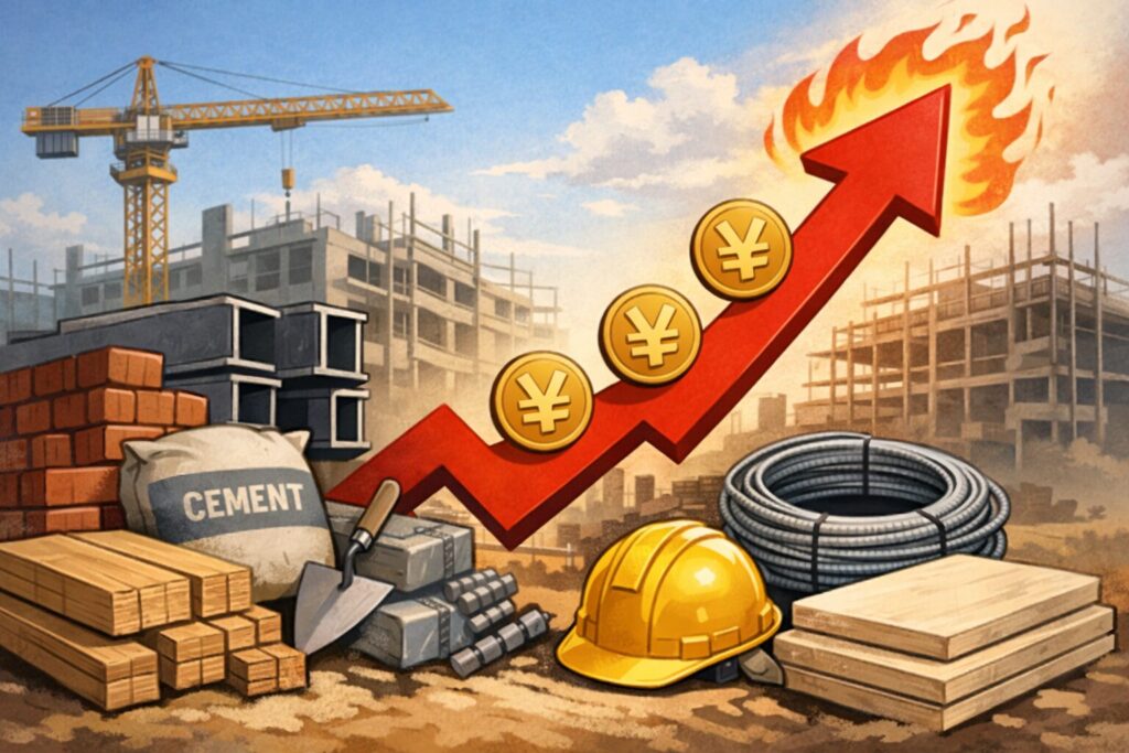 建築資材（木材・鉄骨・セメントなど）と建設現場を背景に、価格上昇を示す炎付きの赤い矢印と円マークのコインが描かれた値上がりイメージイラスト