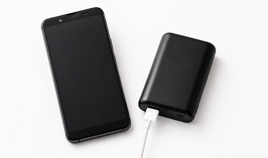 白い背景の上に置かれた黒いスマートフォンとモバイルバッテリーがケーブルで接続されている様子