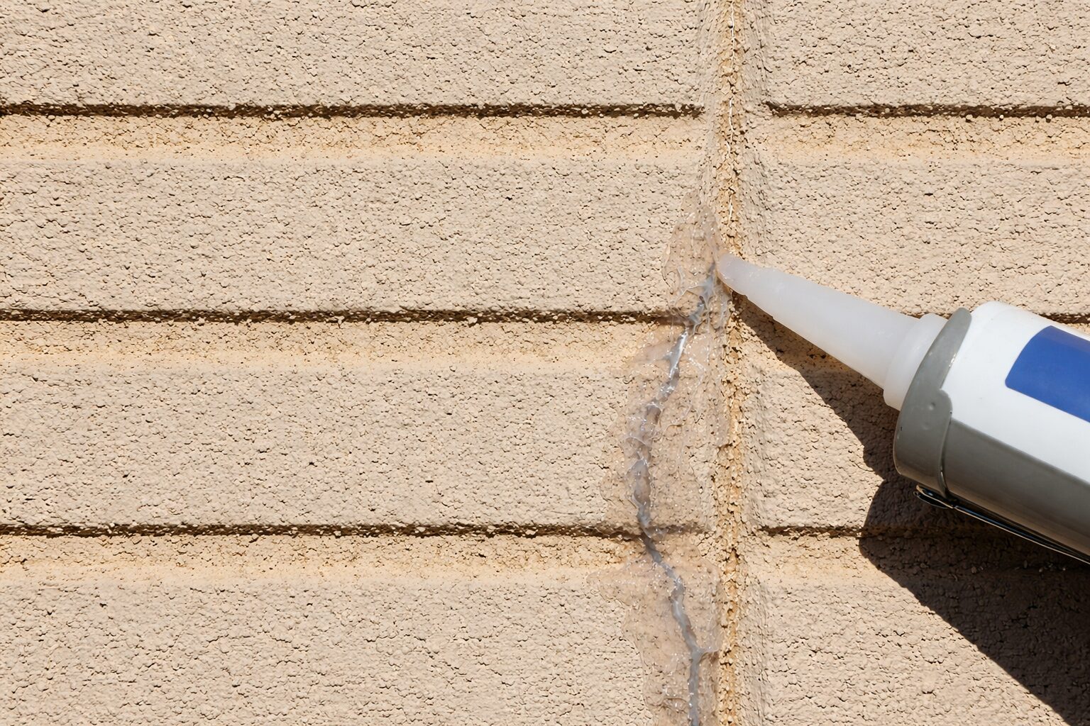 外壁のひび割れにコーキング剤を充填して補修している様子