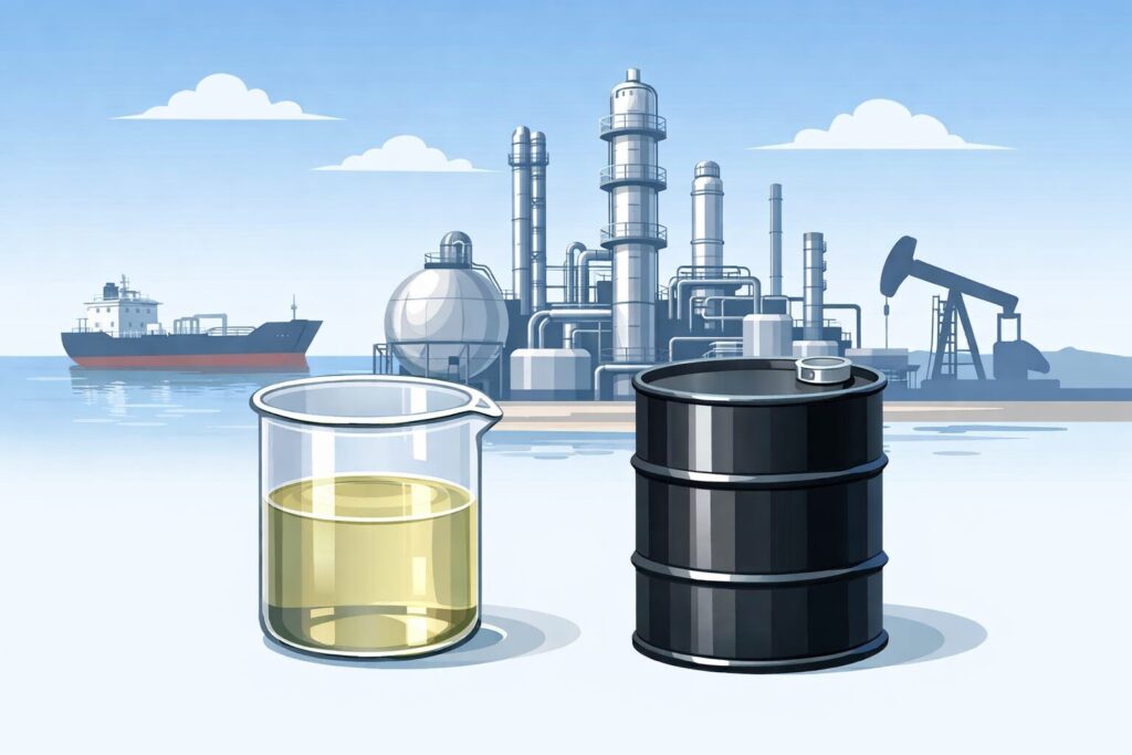 ナフサをイメージした淡黄色の液体が入ったビーカーと、背後に広がる石油精製プラントやオイルタンクを描いたシンプルなイラスト