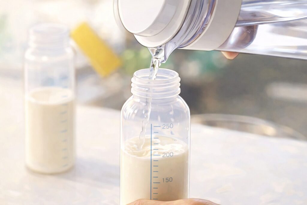 ミルクが入った哺乳瓶にウォーターボトルから透明な水を注いでいる様子のイラスト