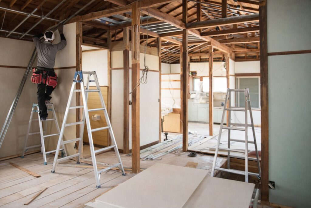 木造住宅のリフォーム現場で、天井の下地作業を行う作業員と脚立が並ぶ解体途中の室内風景