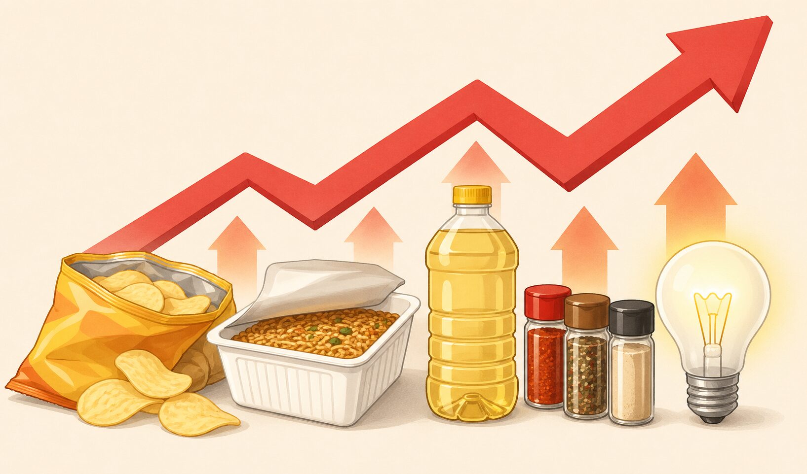 ポテトチップス、カップ焼きそば、食用油、スパイス、電球が並び、赤い上昇グラフと矢印で値上げを表現したイラスト