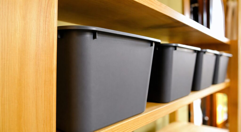 木製の棚に黒い収納ボックスが整然と並んでいる様子を斜めから捉えたシンプルな収納イメージ