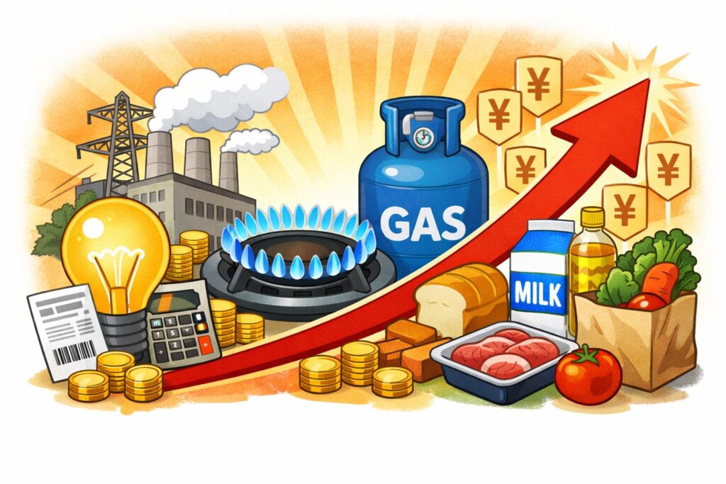 電気・ガス・食品の価格が上昇している様子を示すイメージイラスト。ガスコンロやガスボンベ、電球、食材とともに上向きの矢印が描かれている。