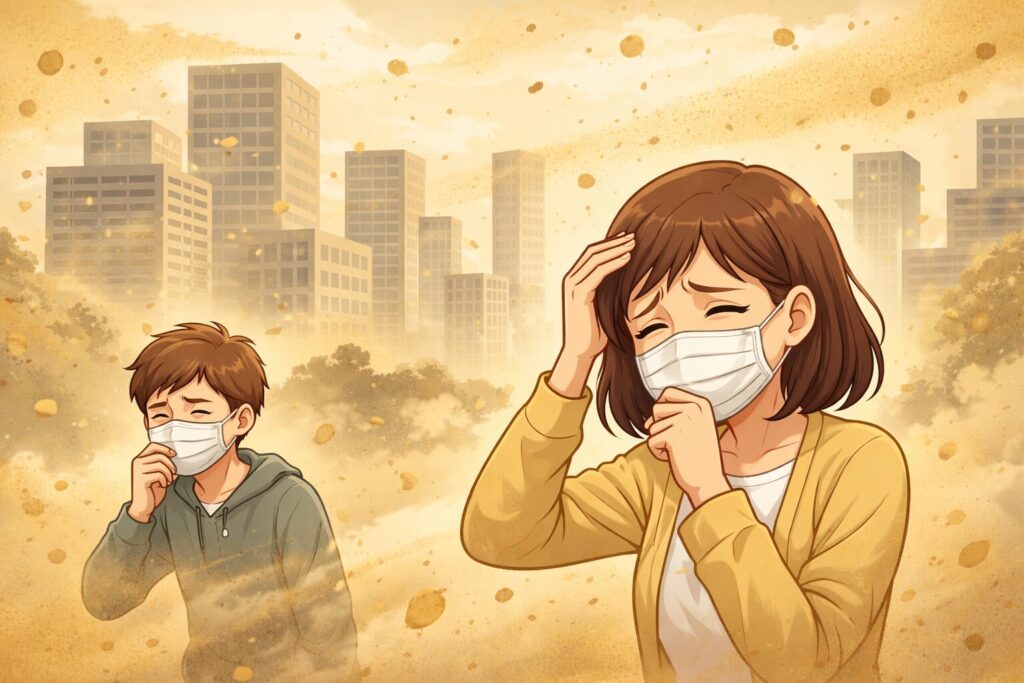 黄砂で視界がかすむ街中で、マスクを着けた男女が砂ぼこりに顔をしかめながら目や口を押さえている様子のイラスト