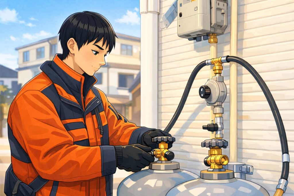 ガスボンベのバルブを調整する作業員が屋外の住宅設備前で作業している様子のイラスト
