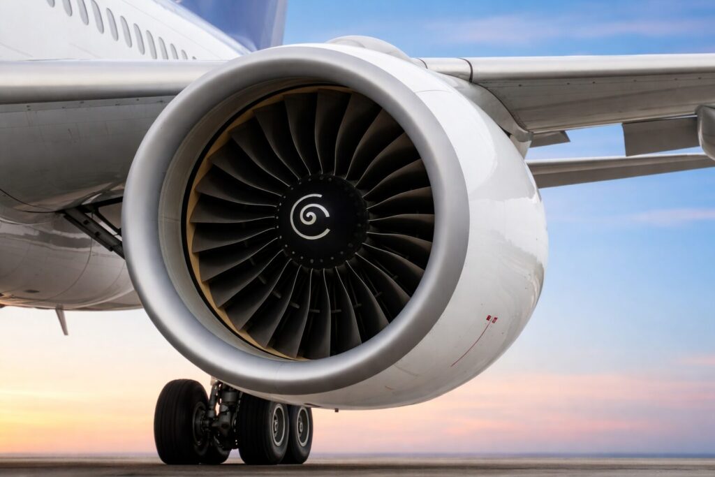 航空機の翼に取り付けられた大型ジェットエンジンを正面から捉えたクローズアップ画像