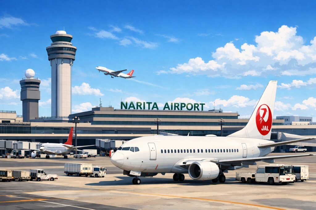 成田空港の滑走路とターミナル前に駐機する旅客機、管制塔と離陸する飛行機が描かれた空港の風景イラスト