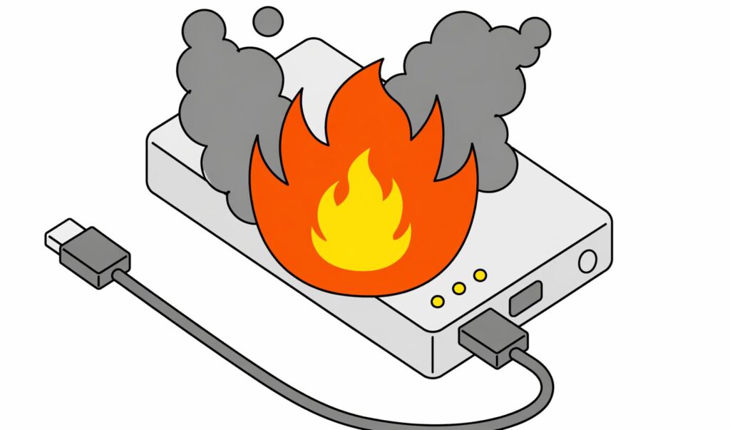 充電中のモバイルバッテリーから炎と煙が上がっている様子を表した発火トラブルのイメージイラスト