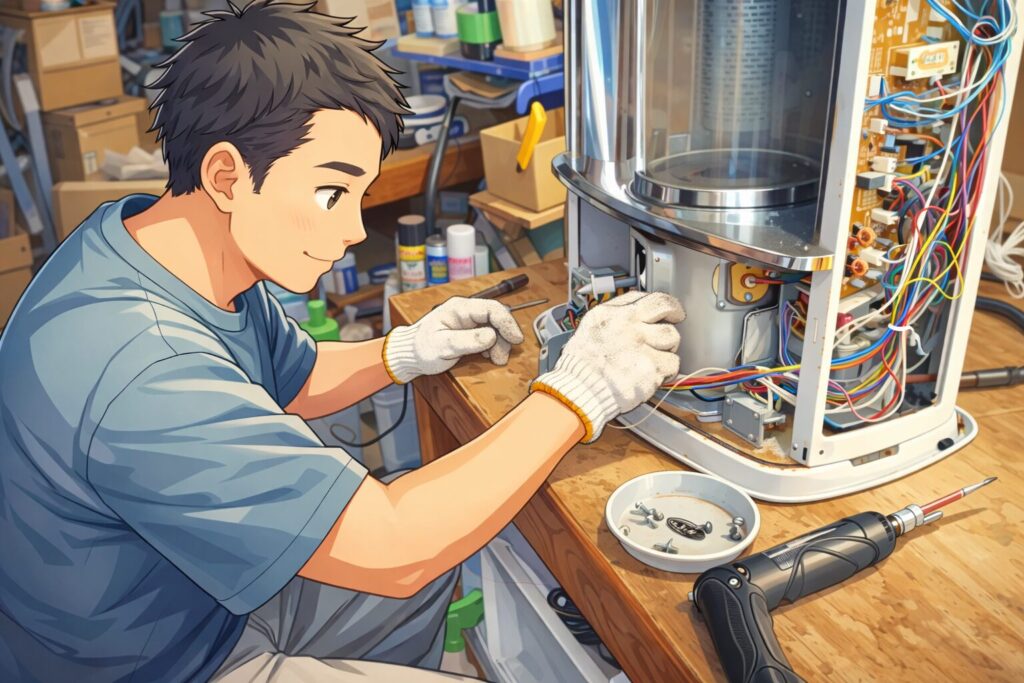 若い作業員が作業台の上で機械の内部配線を確認しながら修理している様子のイラスト