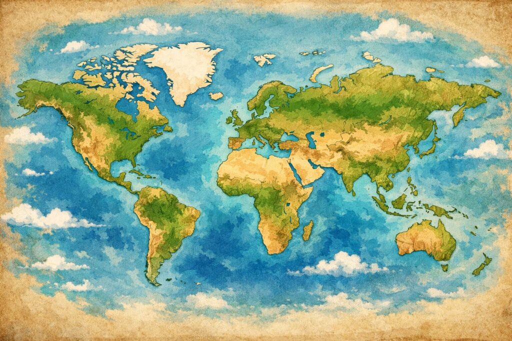 やわらかい色合いで描かれた世界地図のイラストで、各大陸と海洋が俯瞰的に配置され、雲が浮かぶ背景とともに全体像を視覚的に表現している