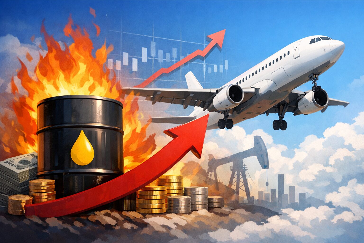 燃油価格の高騰により航空機の燃油サーチャージが上昇している様子を、原油タンクと上昇グラフ、飛行機で表現したイラスト