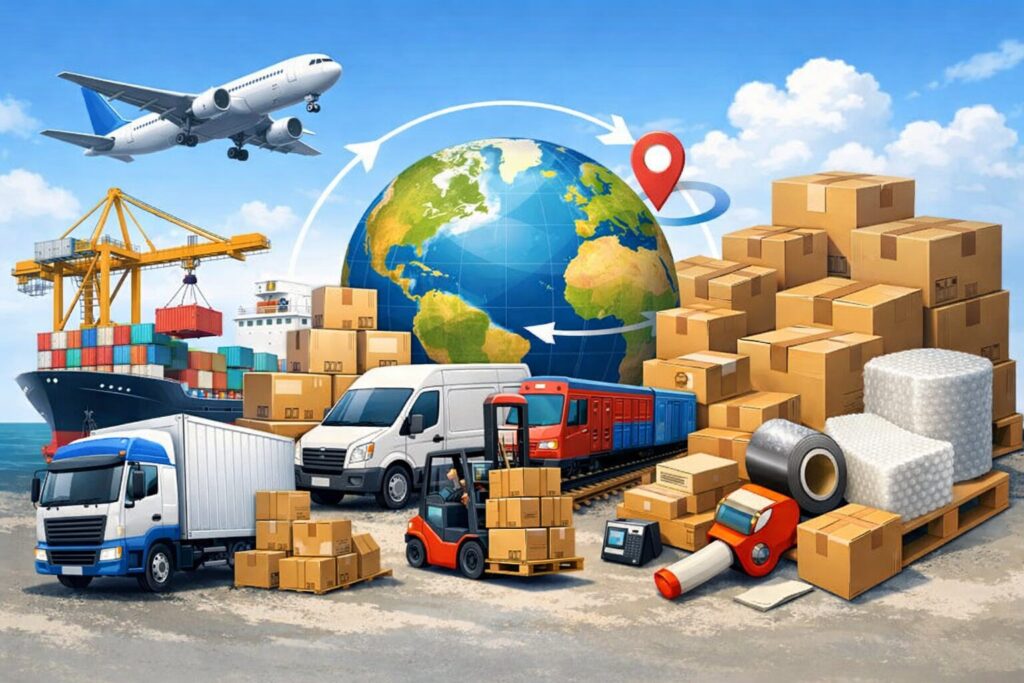 トラック・船・飛行機による輸送と、段ボールや緩衝材を使った包装、フォークリフトによる荷役作業を組み合わせた物流全体のイメージイラスト