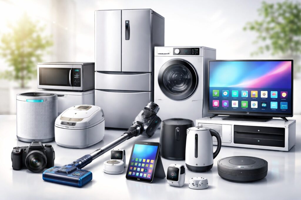 家電・電子機器(冷蔵庫・洗濯機・テレビ・掃除機・炊飯器・タブレットなど)が並んだ生活家電のイメージイラスト
