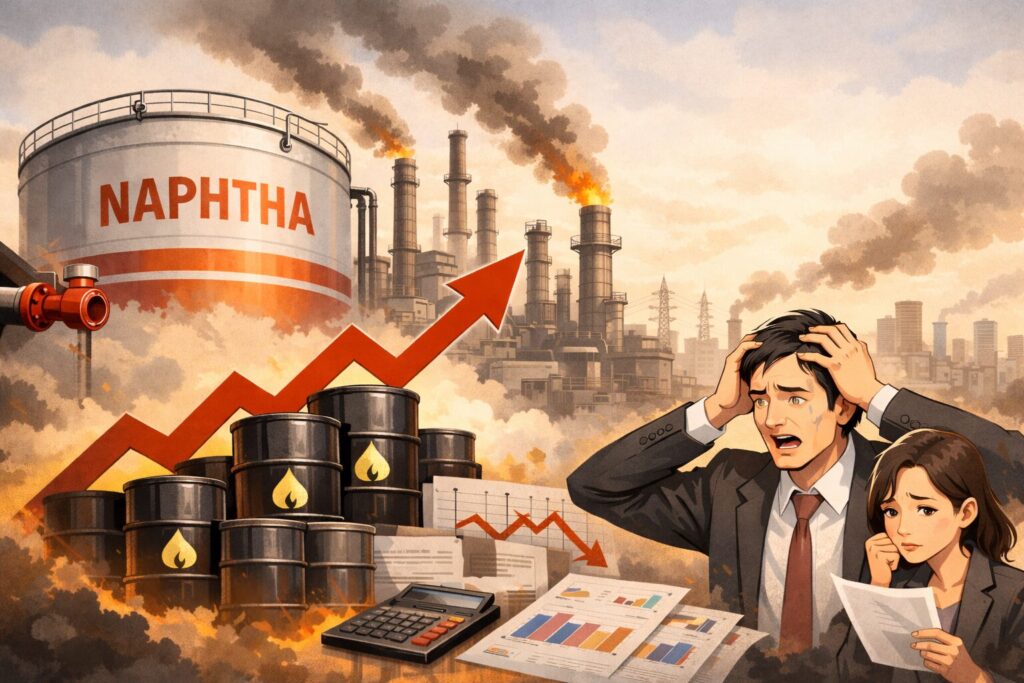 ナフサ価格の高騰による影響を示すイラスト。ナフサタンクや工場の煙、上昇するグラフとドラム缶、書類を手に困惑する男女が描かれている。