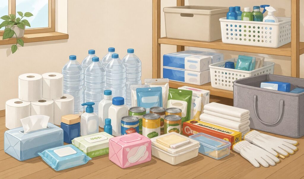 棚や床にトイレットペーパーや飲料水、洗剤、ウェットティッシュ、缶詰などの日用品を整理して備蓄している様子のイラスト