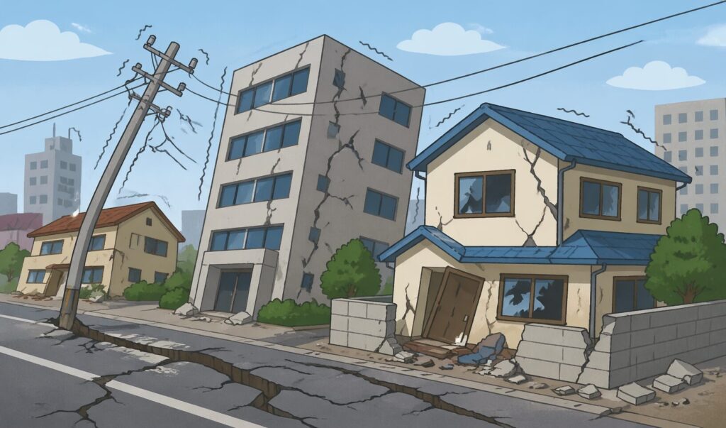 地震によって道路がひび割れ、傾いた電柱や壁に亀裂が入った住宅・ビルが並ぶ街の被害状況を描いたイラスト