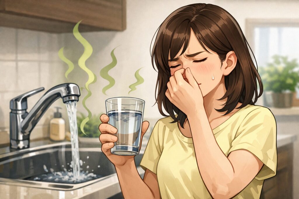水道水の臭いに困り、コップの水のにおいを確かめながら鼻をつまむ女性のキッチンシーン