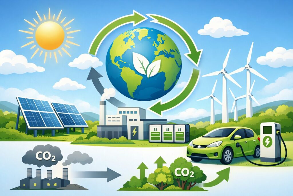 太陽光発電・風力発電・電気自動車・工場・森林を循環する矢印で表現した電気のカーボンニュートラルの仕組みイメージイラスト