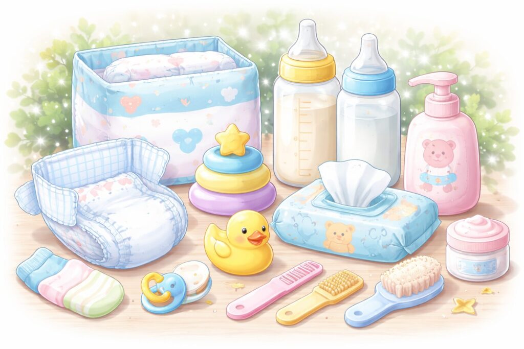 紙おむつや哺乳瓶、ウェットティッシュやベビー用ボトルなどの育児・衛生用品が並んだやさしい色合いのイラスト