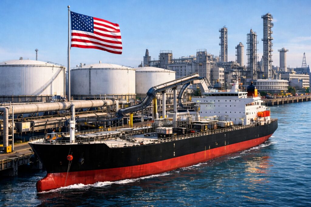 アメリカの港で大型タンカーに原油を積み込み、海外輸出している様子を描いたイメージイラスト