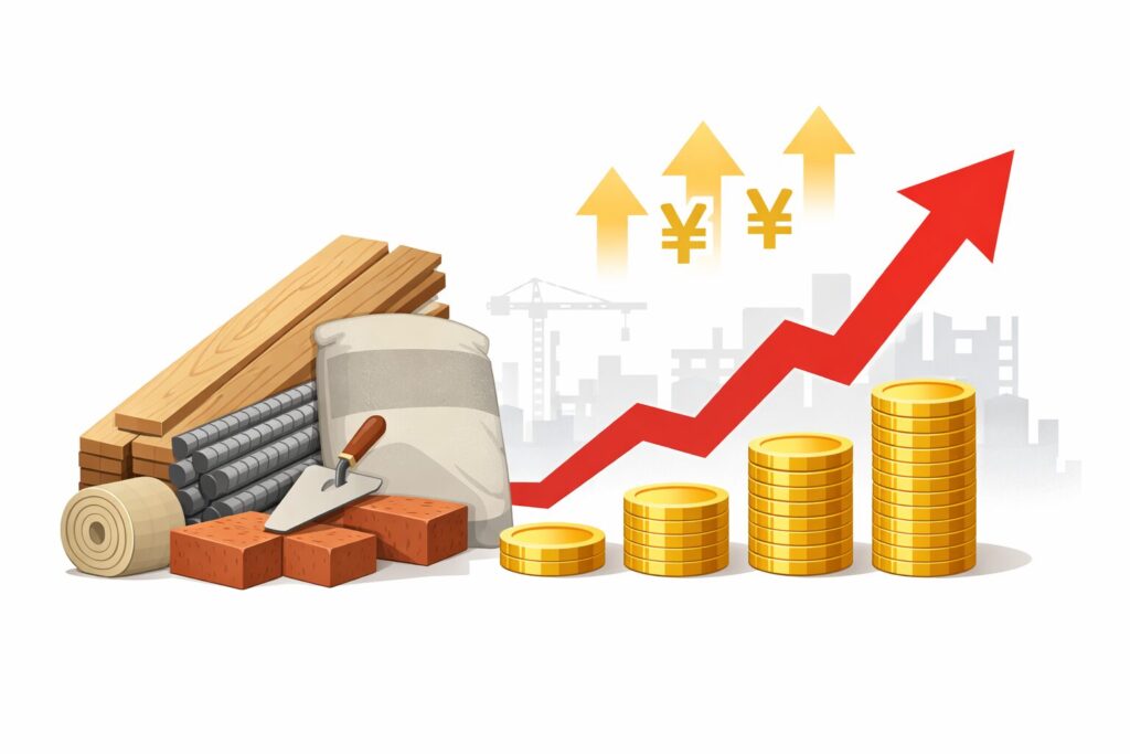建築資材（木材・鉄筋・セメントなど）の価格が上昇し、コインの積み上がりと上向きの矢印で値上がりを表現したイラスト