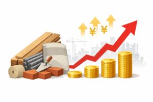 建築資材（木材・鉄筋・セメントなど）の価格が上昇し、コインの積み上がりと上向きの矢印で値上がりを表現したイラスト