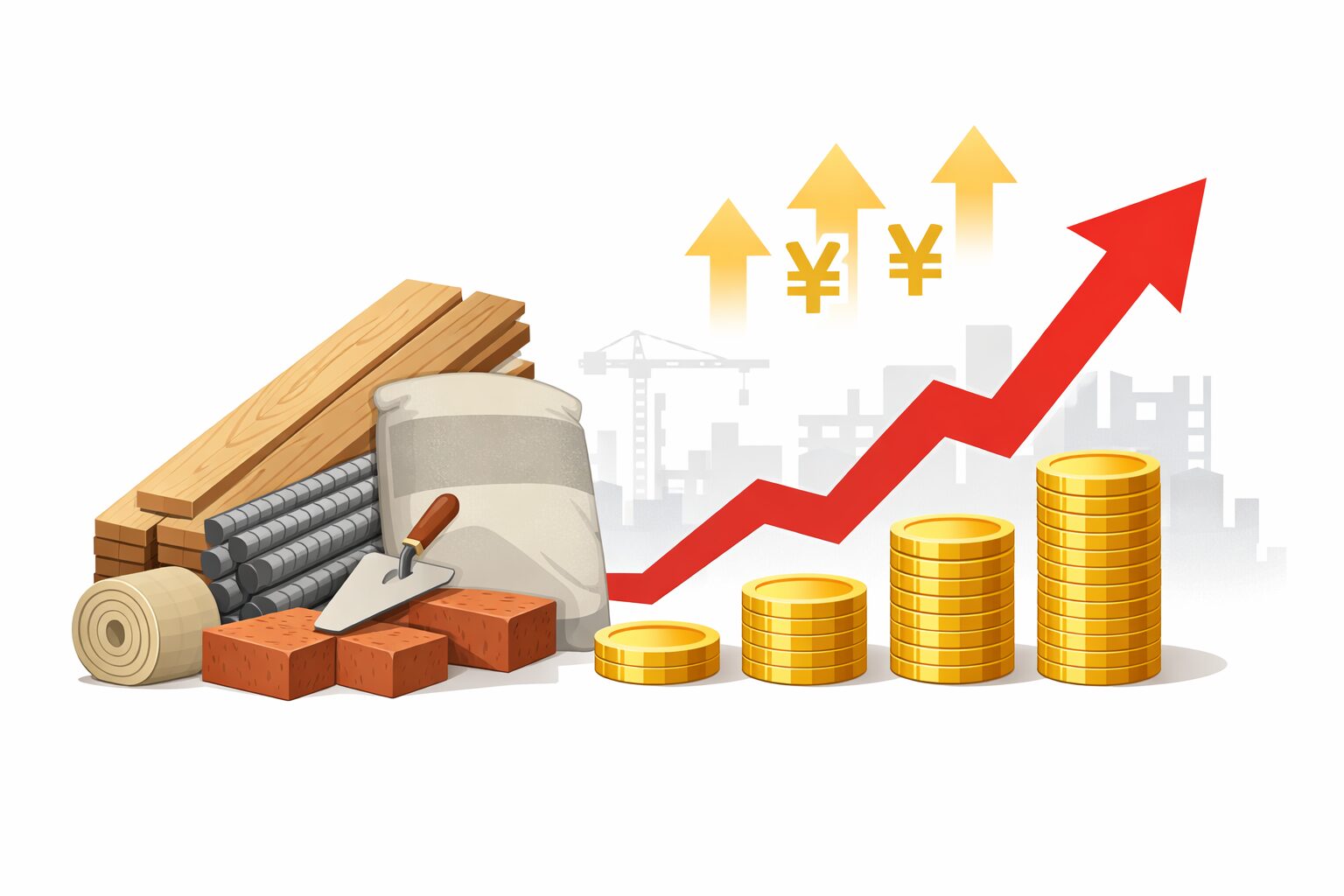 建築資材（木材・鉄筋・セメントなど）の価格が上昇し、コインの積み上がりと上向きの矢印で値上がりを表現したイラスト