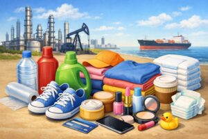 石油精製プラントを背景に、プラスチック容器や衣類、化粧品、日用品など石油由来製品が並ぶ様子のイラスト