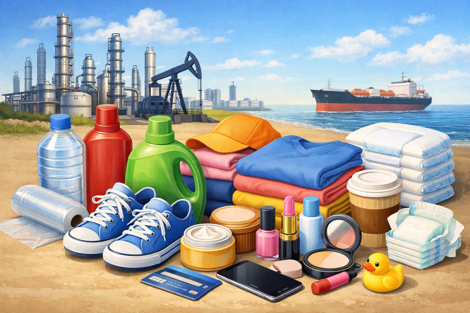 石油精製プラントを背景に、プラスチック容器や衣類、化粧品、日用品など石油由来製品が並ぶ様子のイラスト