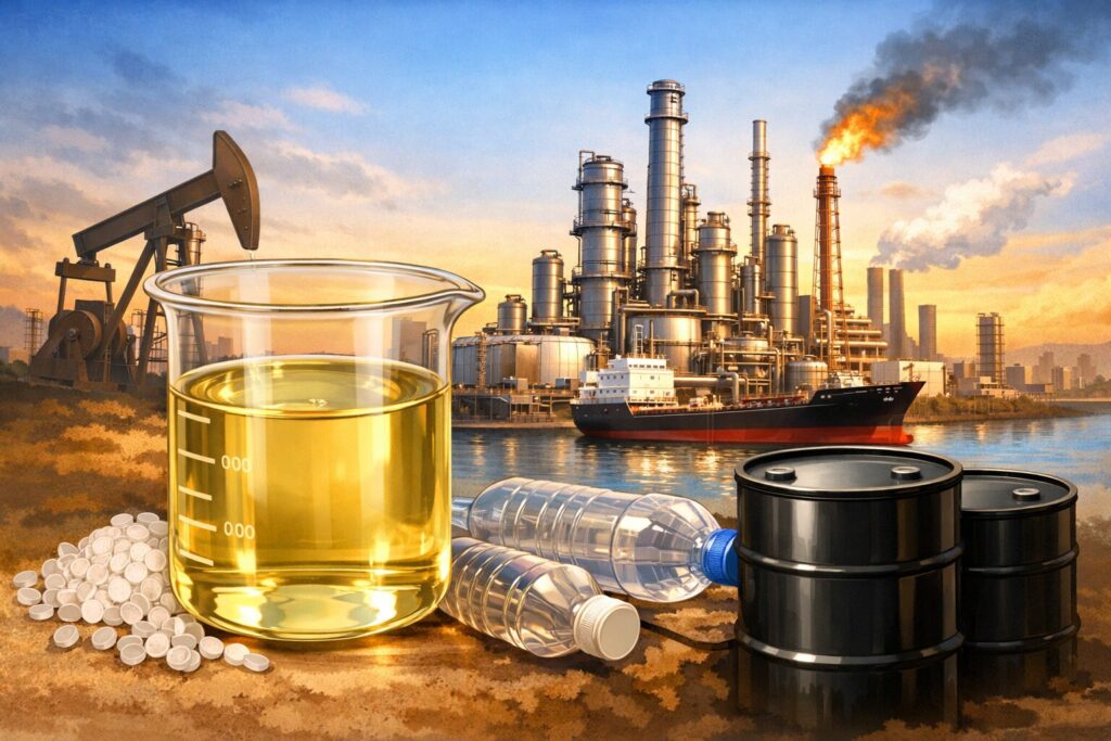 ナフサを原料とする石油化学の流れを表現したイメージで、ビーカーに入った液体の前にプラスチック原料の粒やペットボトルが置かれ、背景に製油所やタンカー、油井が描かれている様子