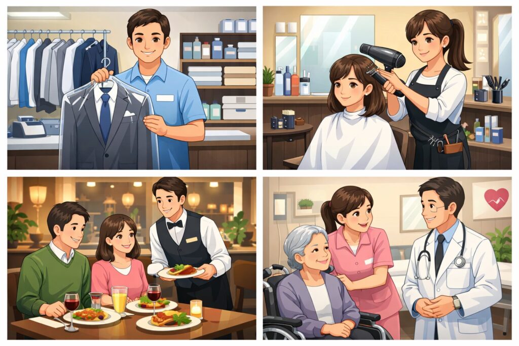 クリーニング店・美容院・外食・医療介護サービスの4つの業種4分割にしたシンプルなイラスト(スーツを持つ店員、ヘアカットする美容師、料理を提供する飲食店、介護と診察の様子)