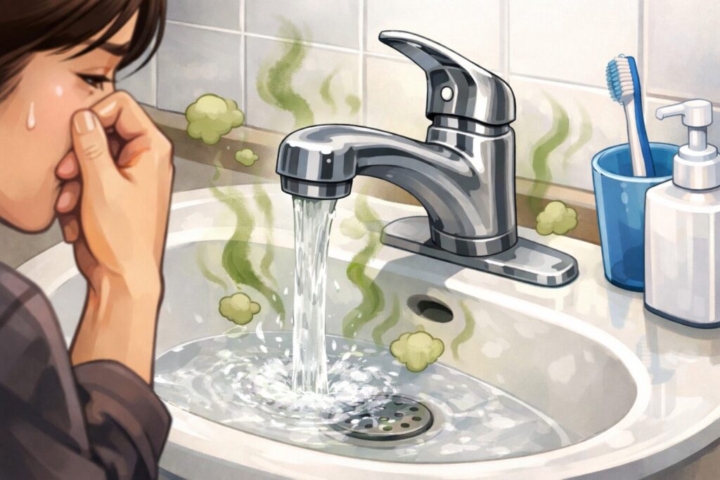 透明な水が流れているのに悪臭を感じ、鼻をつまむ人物がいる洗面台のイラスト